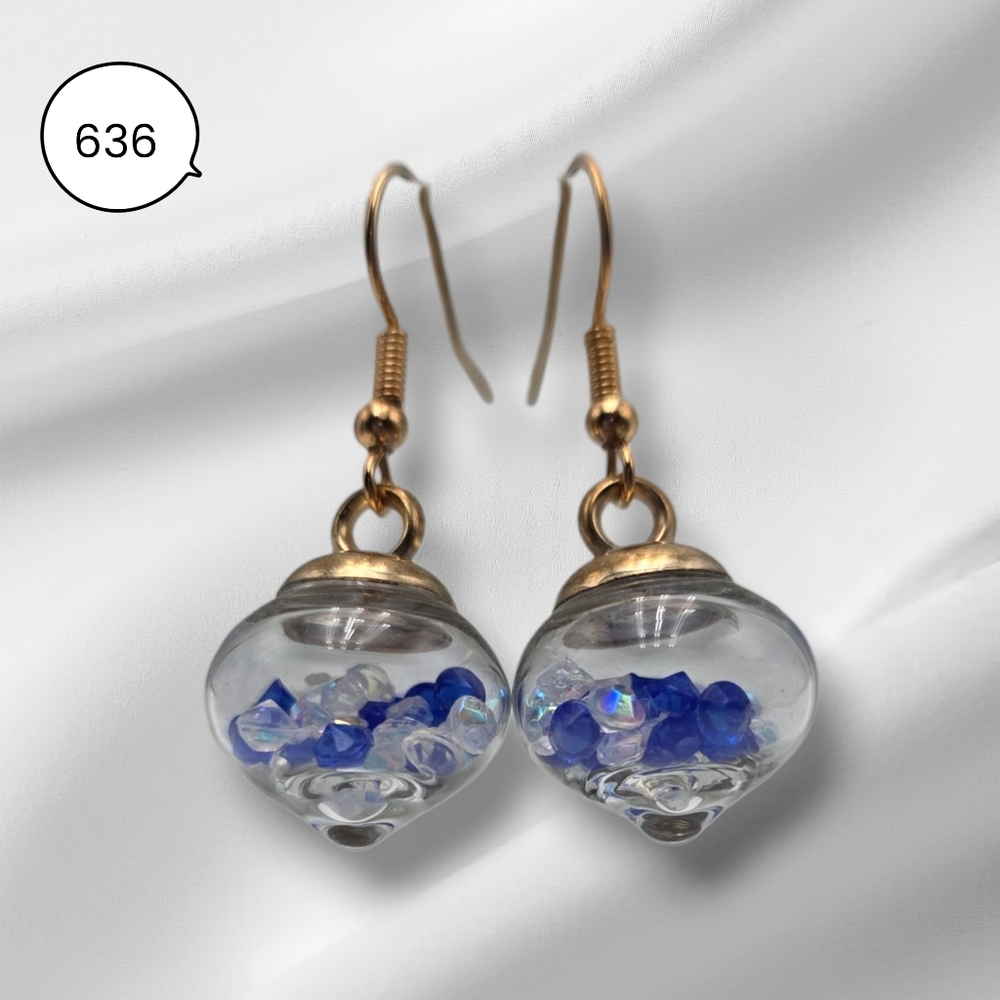 Glass Globe Blue Crystal Earrings – Clear Orb Dangle Earrings with Gold Hook